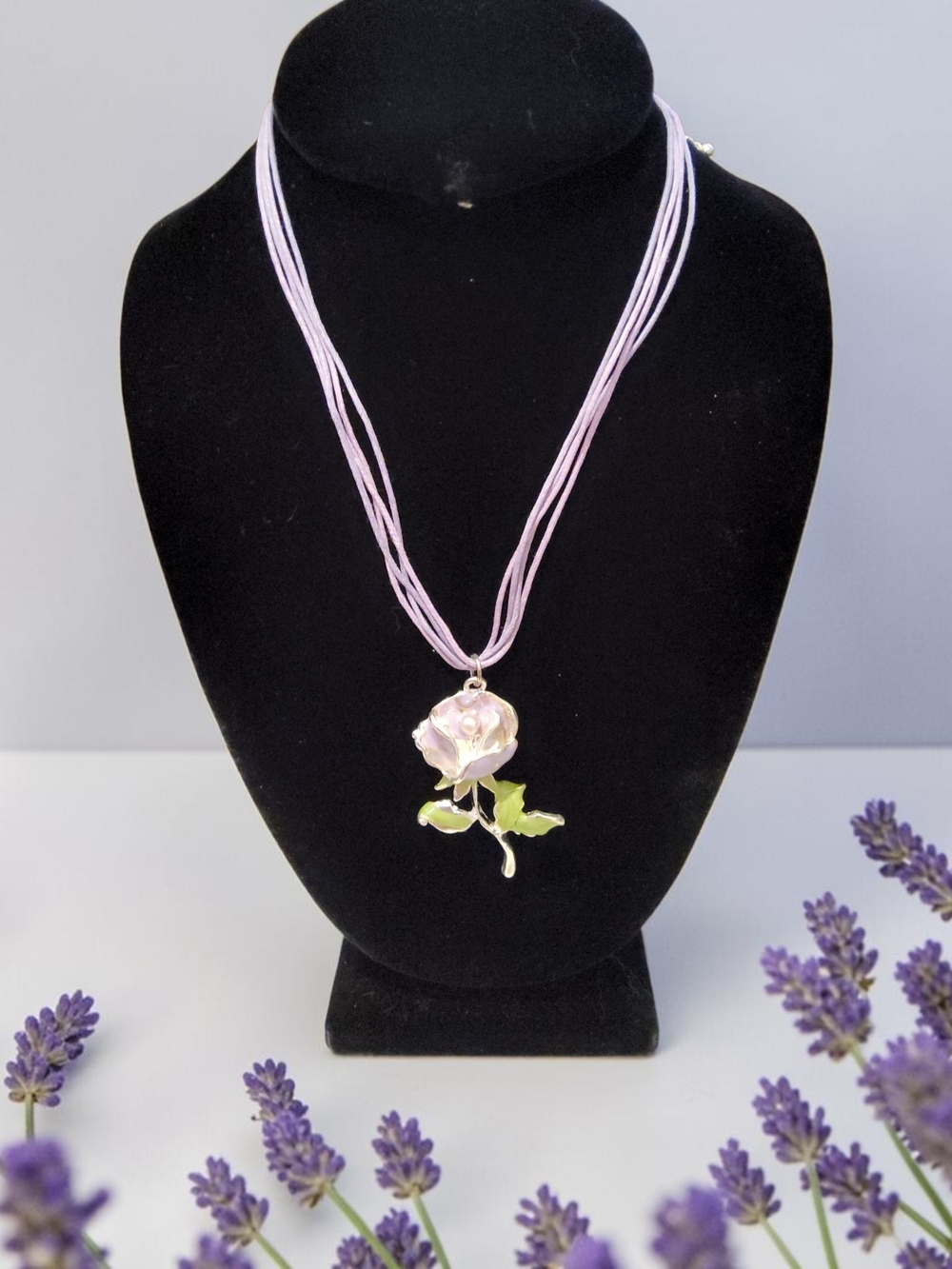 10 / $10 Delicate Pink Rose Pendant Necklace with Multi-Strand Cord